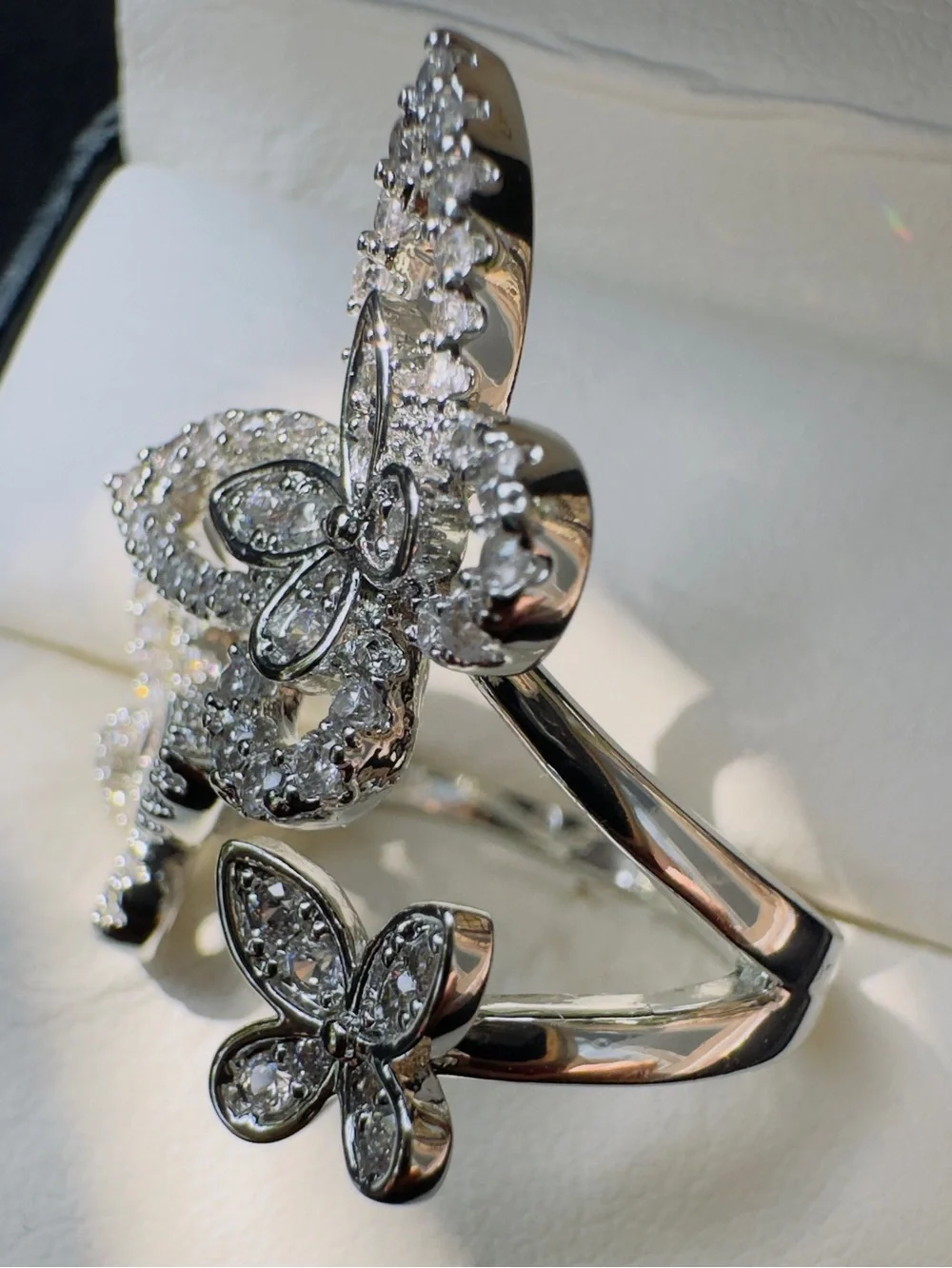 Crystal Butterfly Statement Ring - Silver Tone